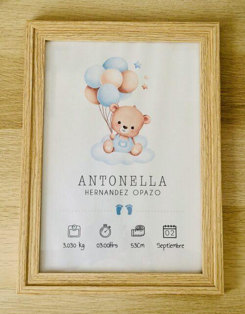 cuadro de nacimiento bebe con osito celeste personalizado