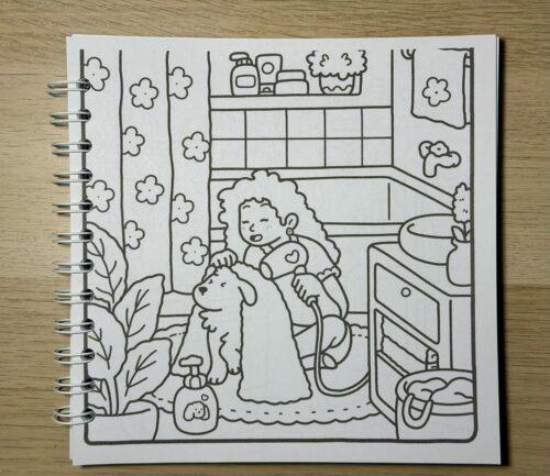girl-moments-pagina-1 Mujer bañando a perro en el baño, imagen acogedora para colorear.