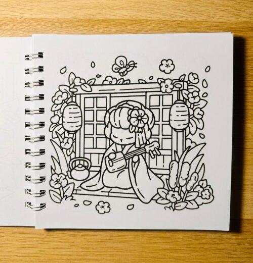 libro-para-colorear-cozy-japan-interior-3 Portada del libro para colorear Cozy Japan con ilustraciones inspiradas en la cultura japonesa y la estética cozy.